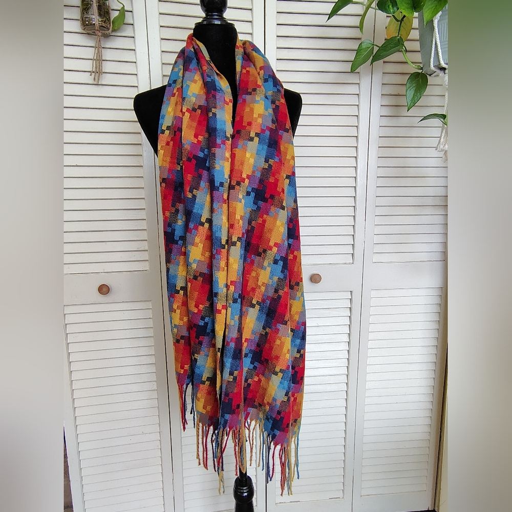 Multicolor Wool Blend Scarf – Vibrant Patchwork Style OS – Like New - Picture 4 of 8